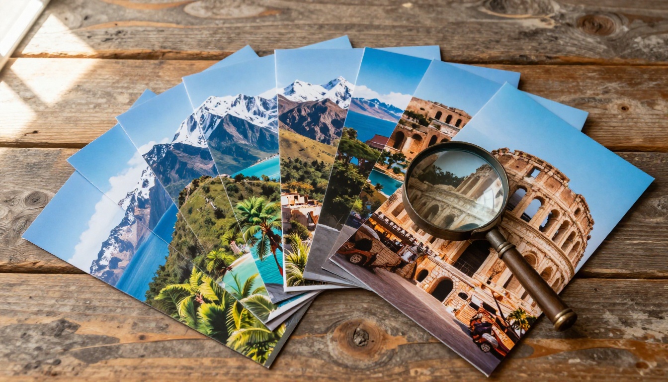 Colorful travel brochures fanned out in a flat-lay on rustic reclaimed wood