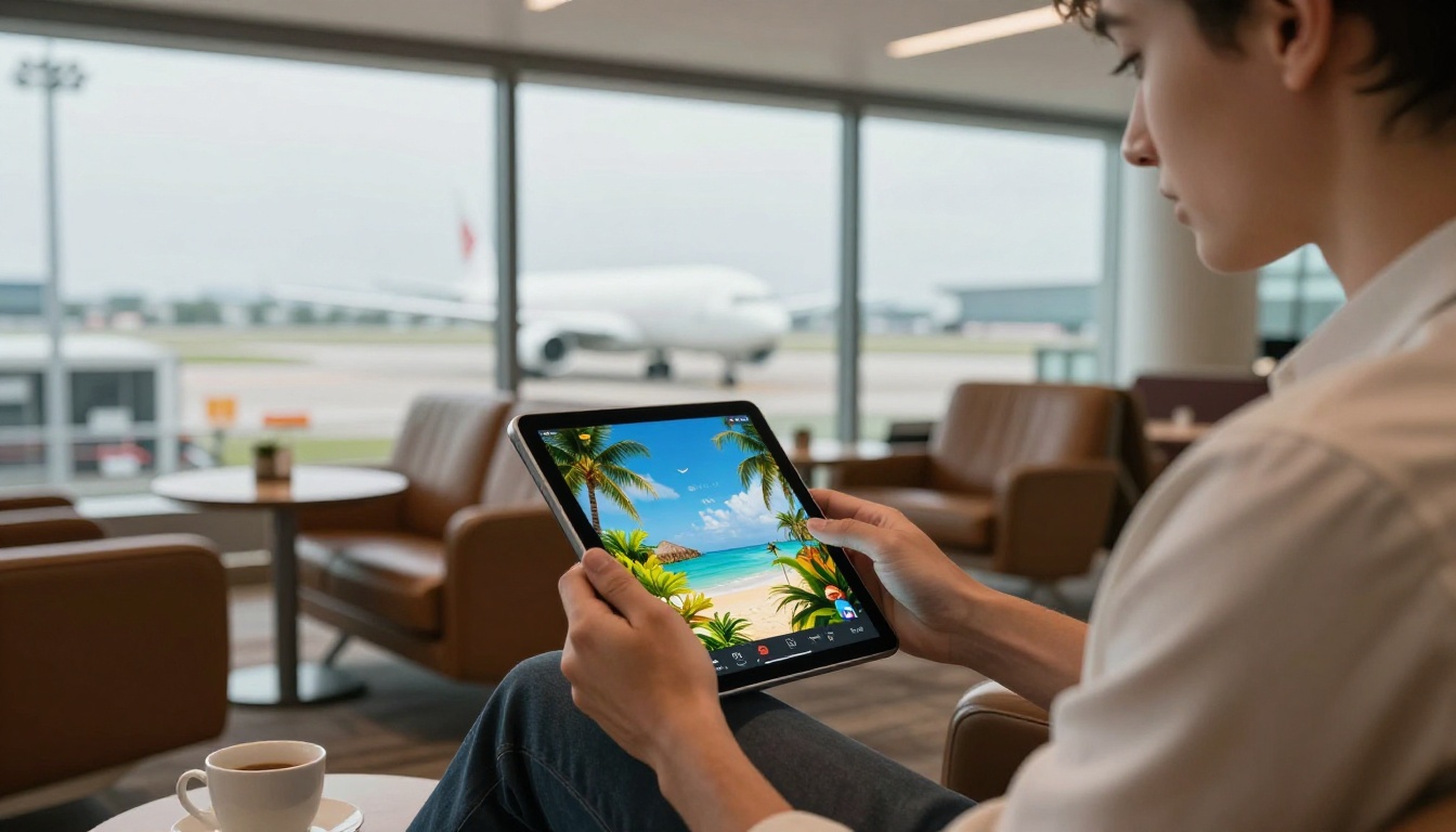 Traveler browsing a digital travel flipbook on a tablet in a modern airport lounge