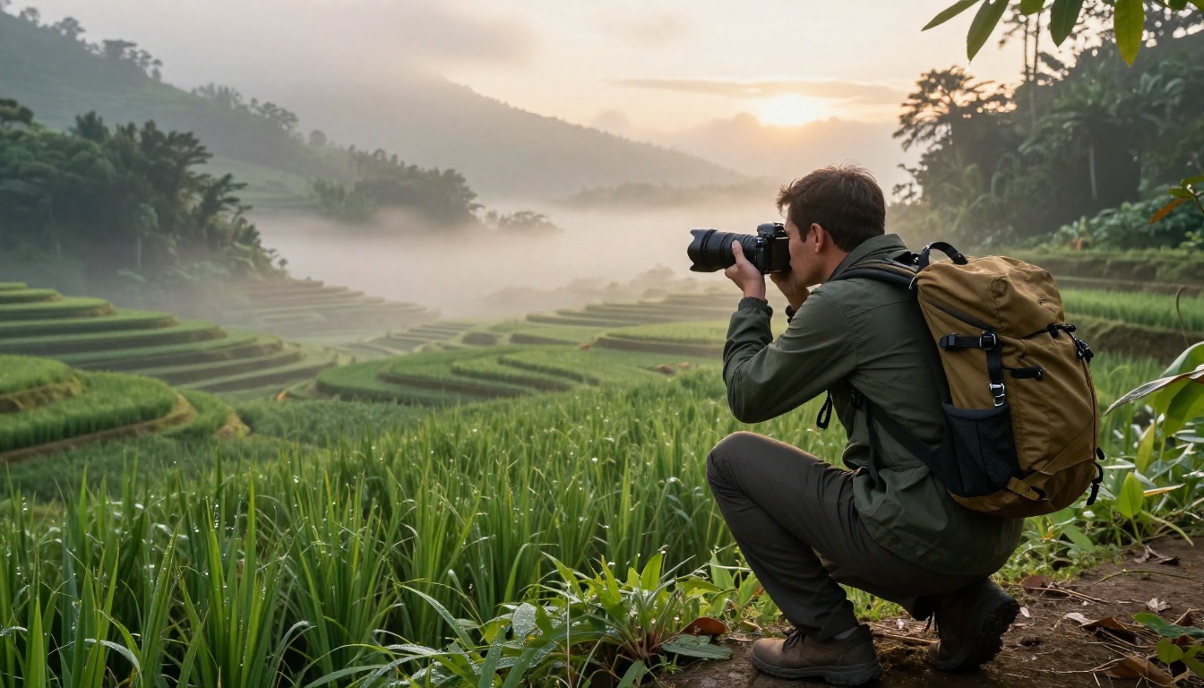 Travel photographer at the edge of a misty valley capturing terraced rice fields