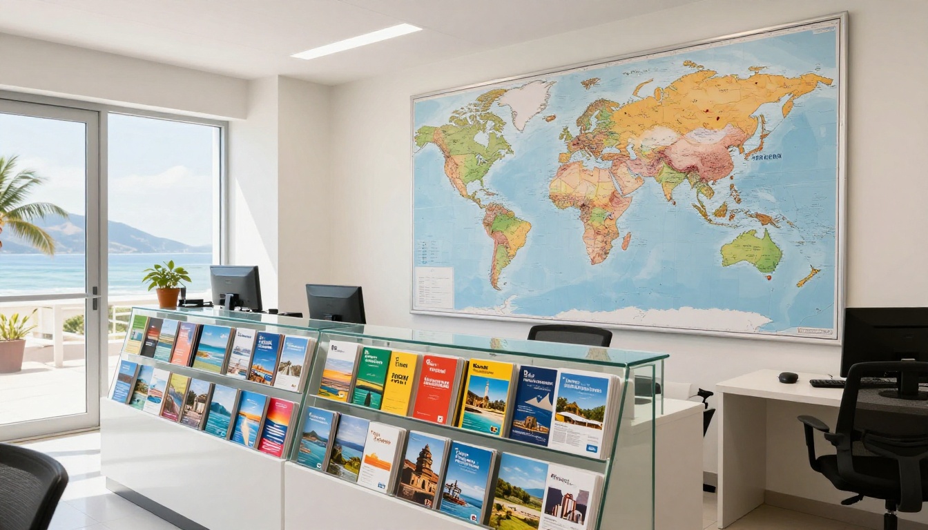 Modern travel agency interior with brochure display stands and world map on canvas