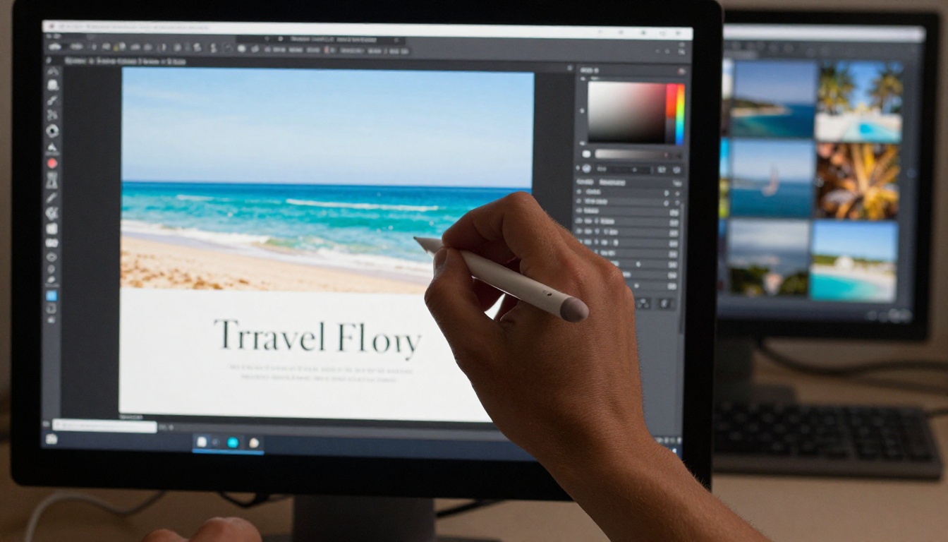 Graphic designer's hands working on a travel brochure layout on a large studio monitor