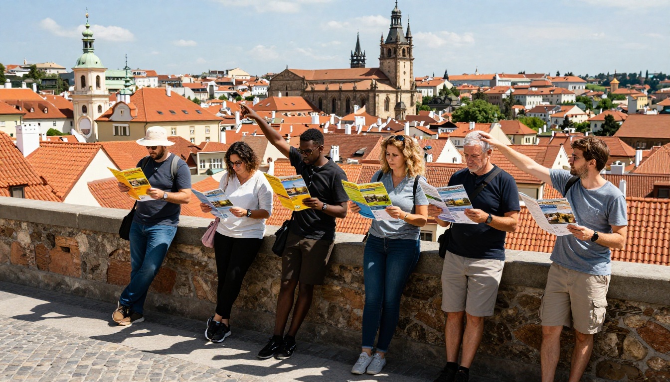 Group of tourists reading colorful travel brochures at a historic European city viewpoint
