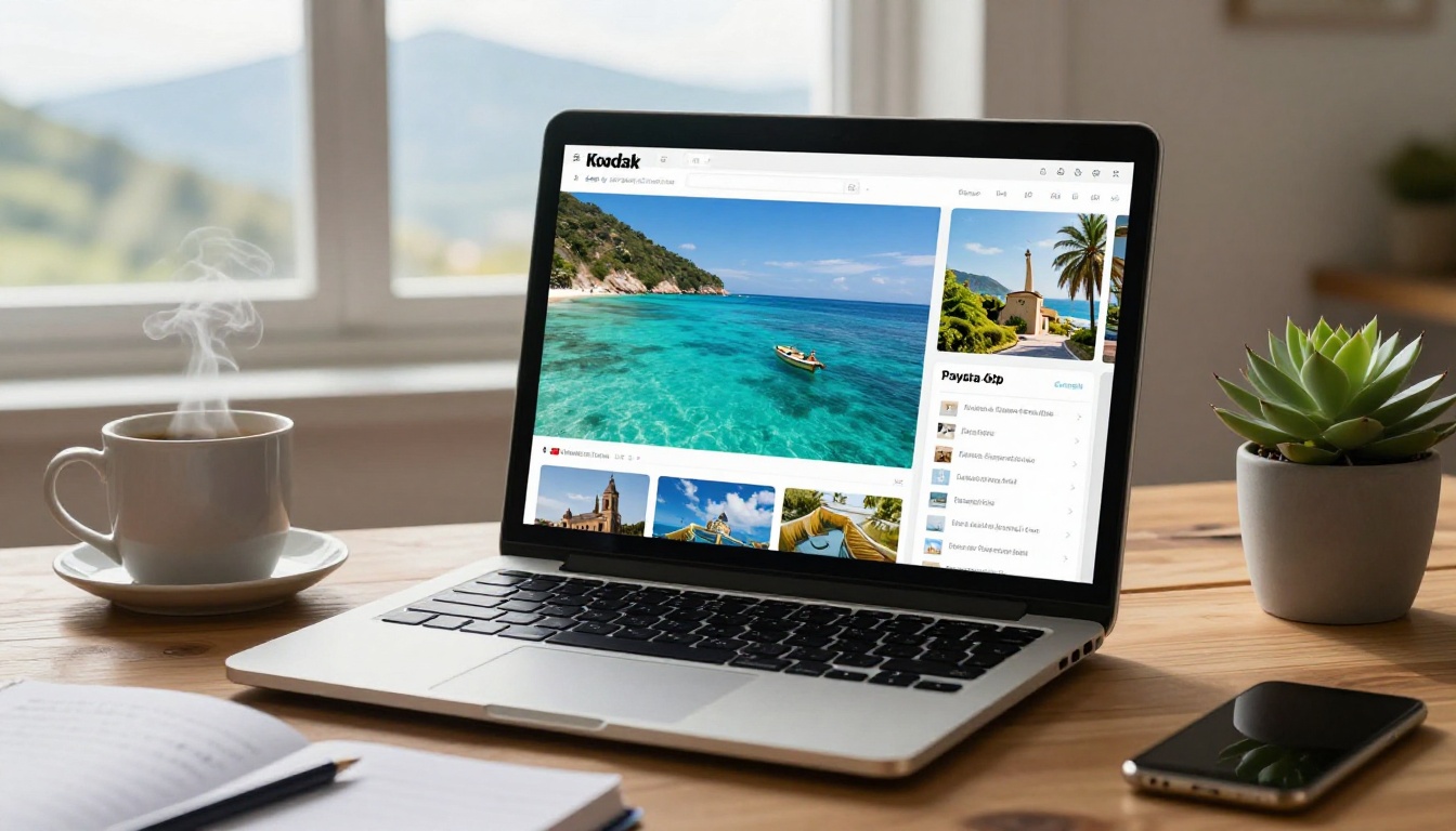 Laptop screen showing a travel flipbook mid page-turn animation with turquoise ocean photography