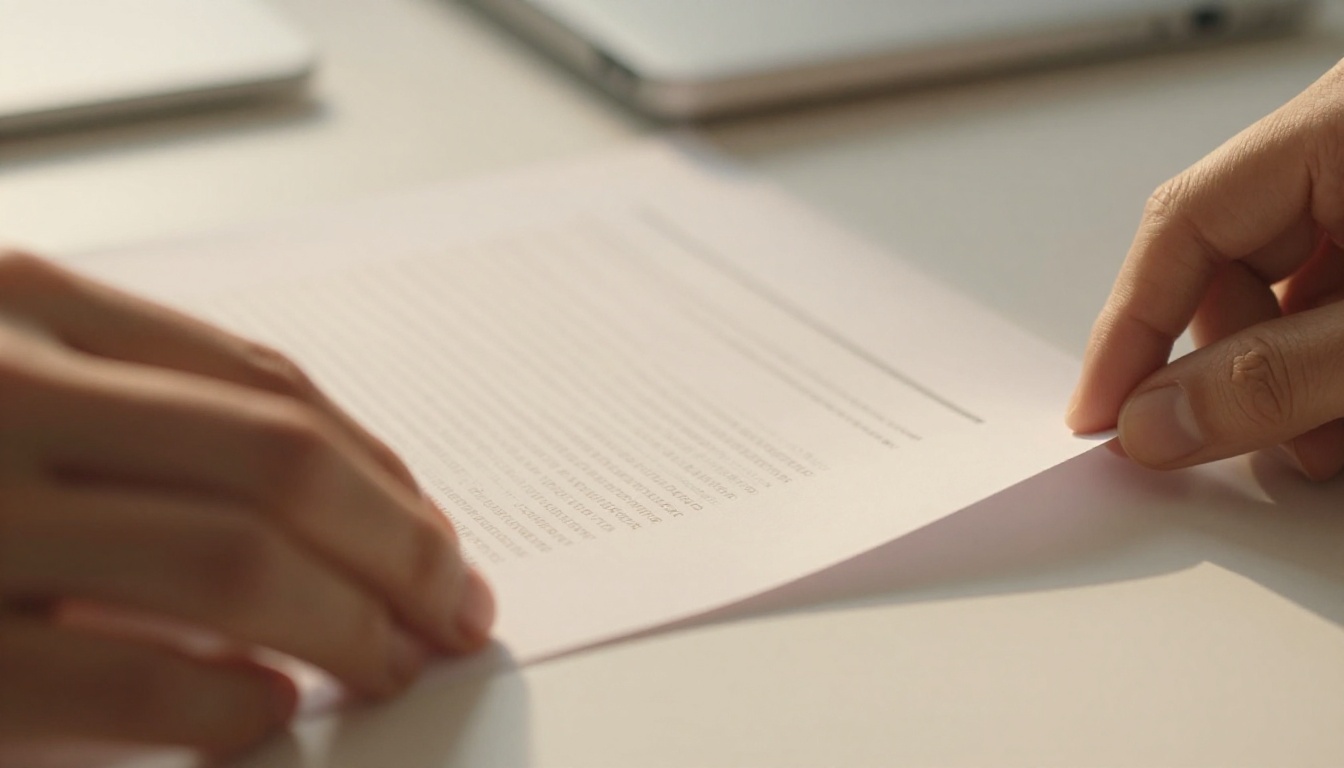 Close-up of hands placing printed PDF document on clean white desk with soft afternoon light and natural paper texture