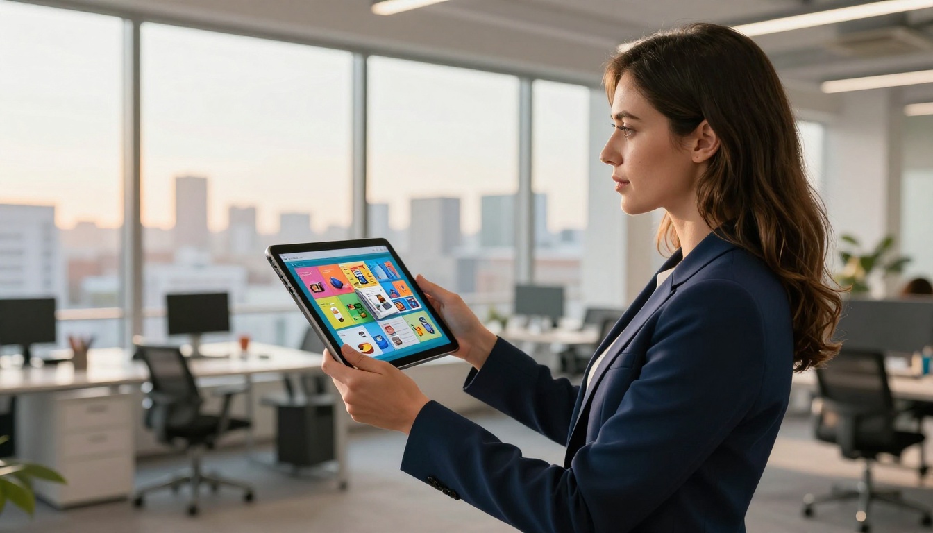 Professional woman reviewing flipbook catalog on tablet