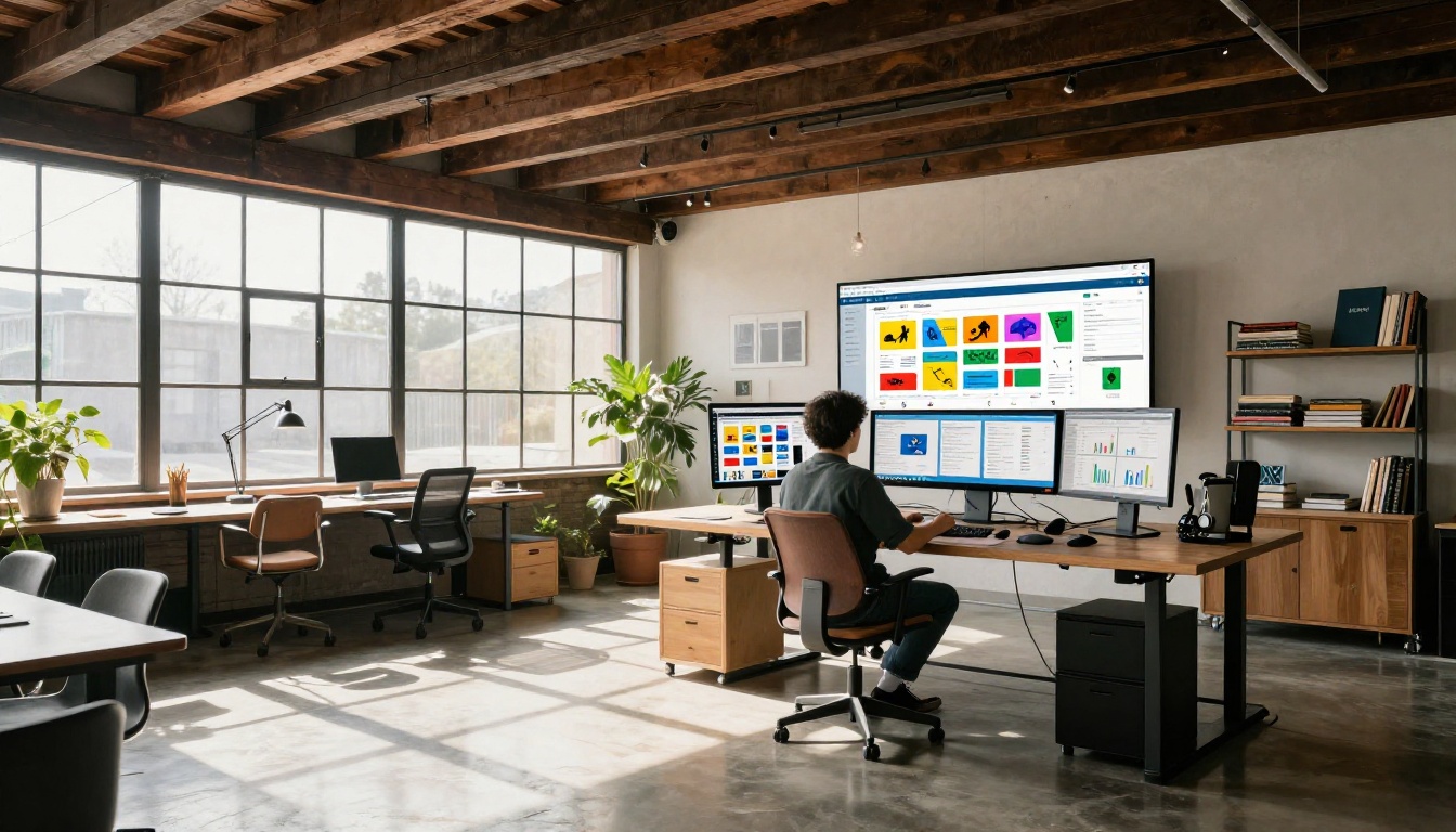 Graphic designer working on flipbook software with dual monitors in creative studio