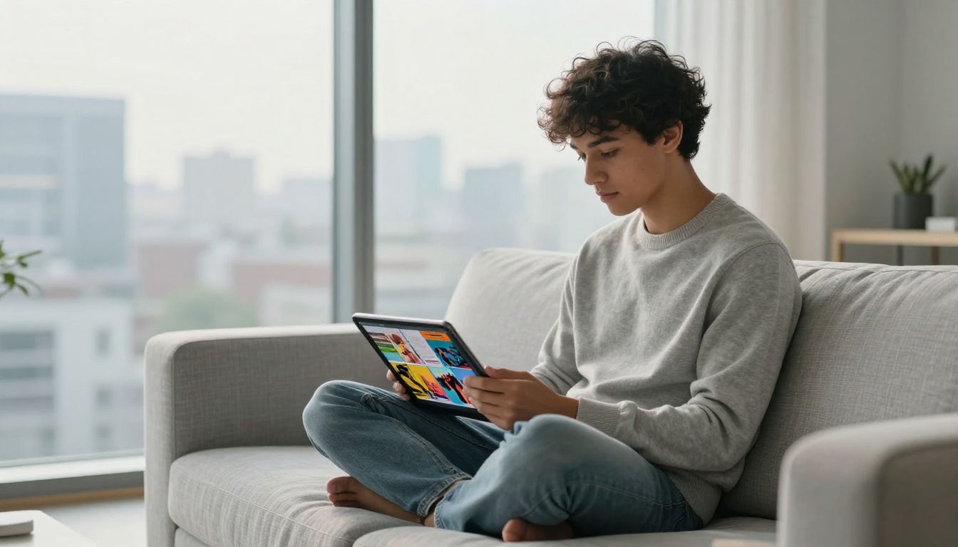 Young man browsing digital flipbook on tablet at home with city skyline view