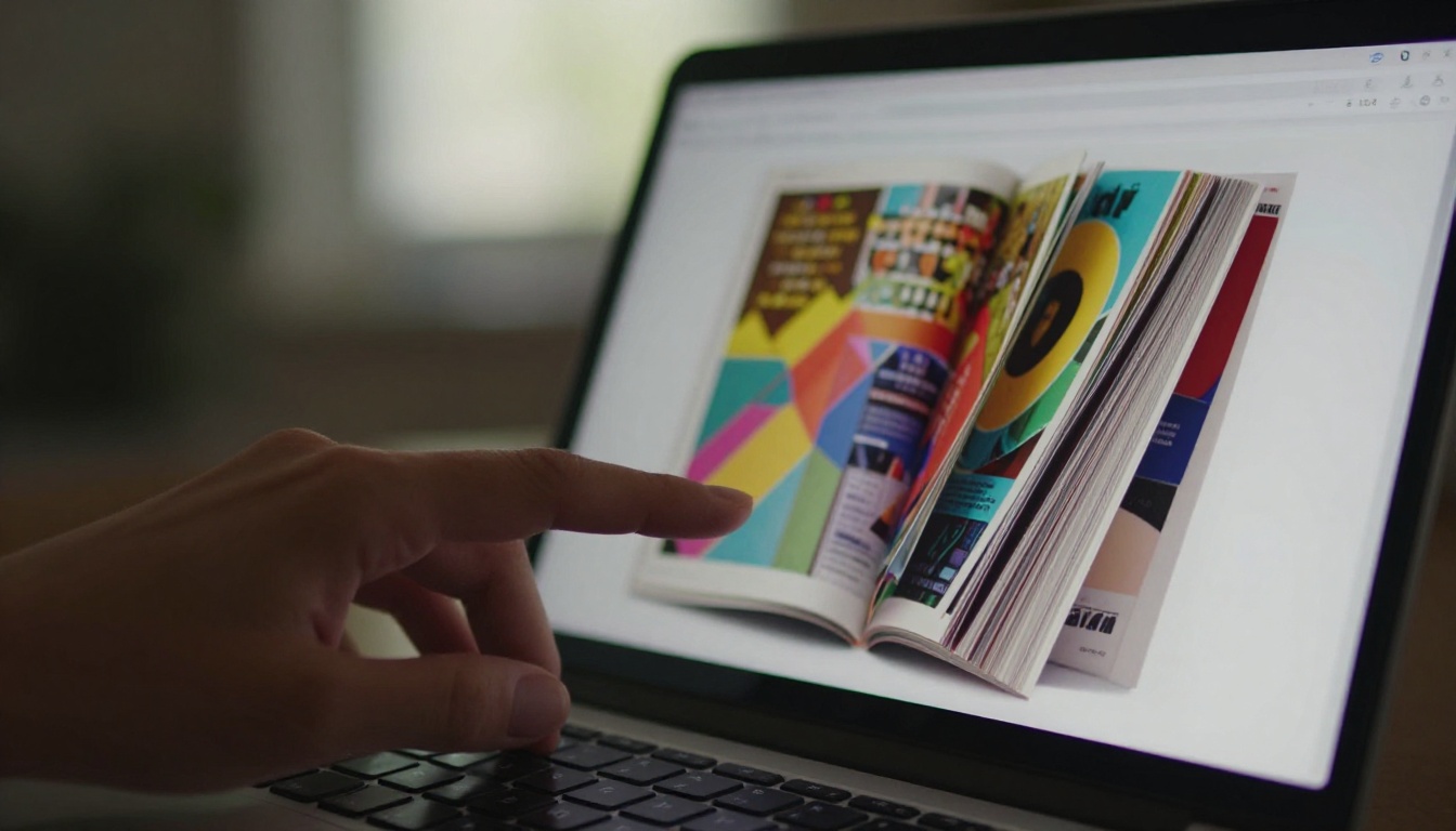 Close-up of laptop screen displaying colorful digital magazine flipbook with pages mid-turn, woman's fingertip on trackpad