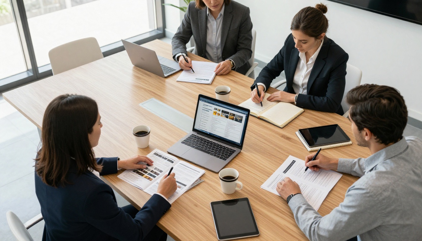 Team of professionals reviewing flipbook comparison sheets at a conference table from above