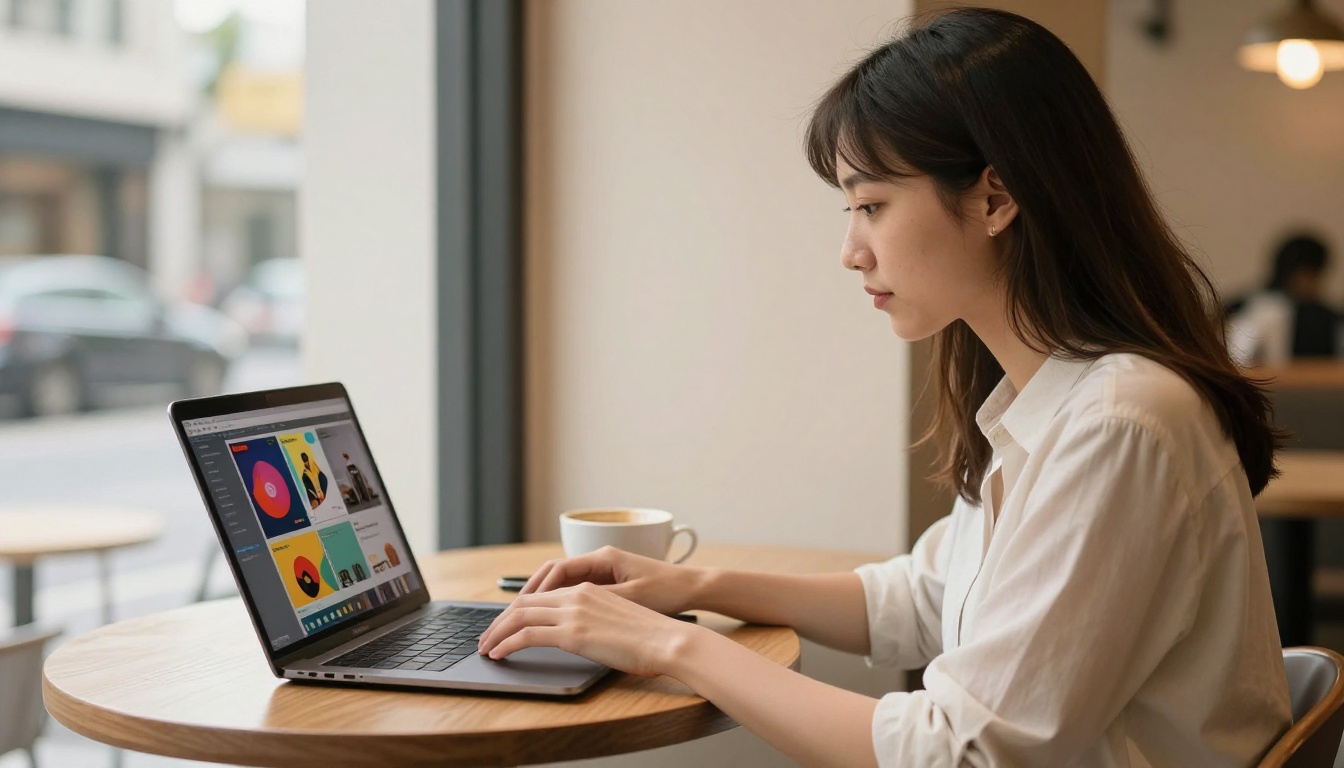 Young marketing professional woman working on laptop at modern cafe table with colorful digital catalog visible on screen and warm daylight