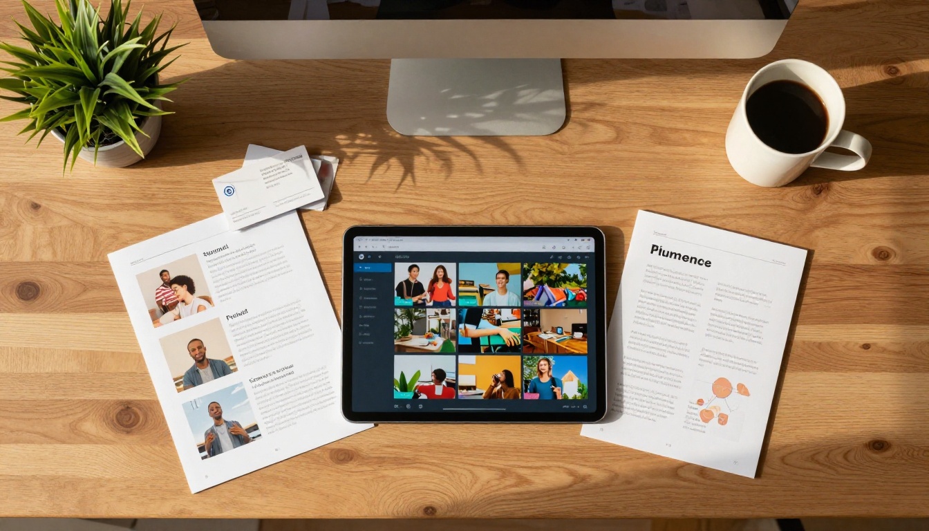 Top-down flat lay of wooden desk with printed PDF brochures, tablet showing digital flipbook, business cards, plant, and coffee with warm morning light