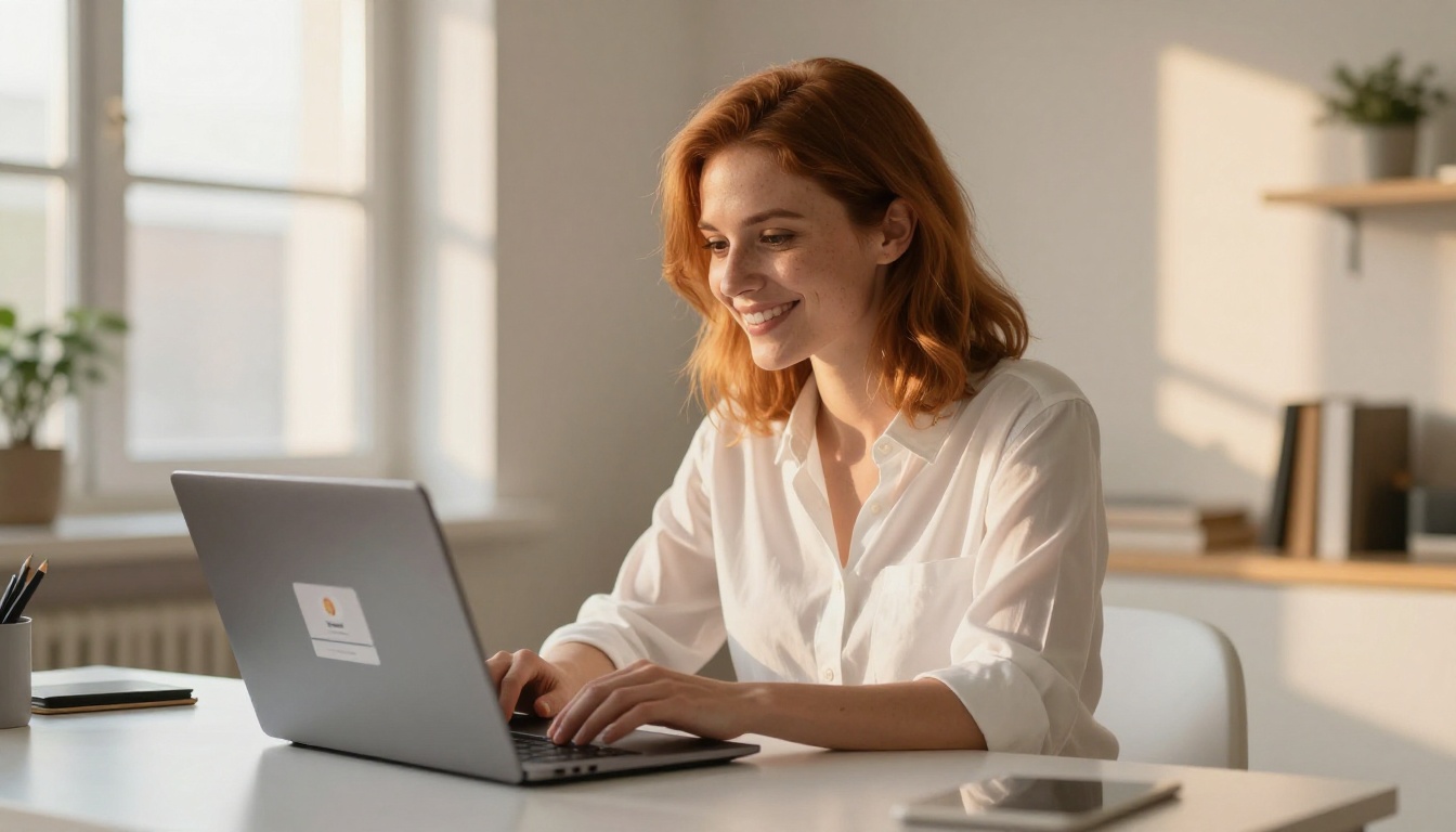 Professional woman smiling at successful flipbook publishing confirmation on her laptop