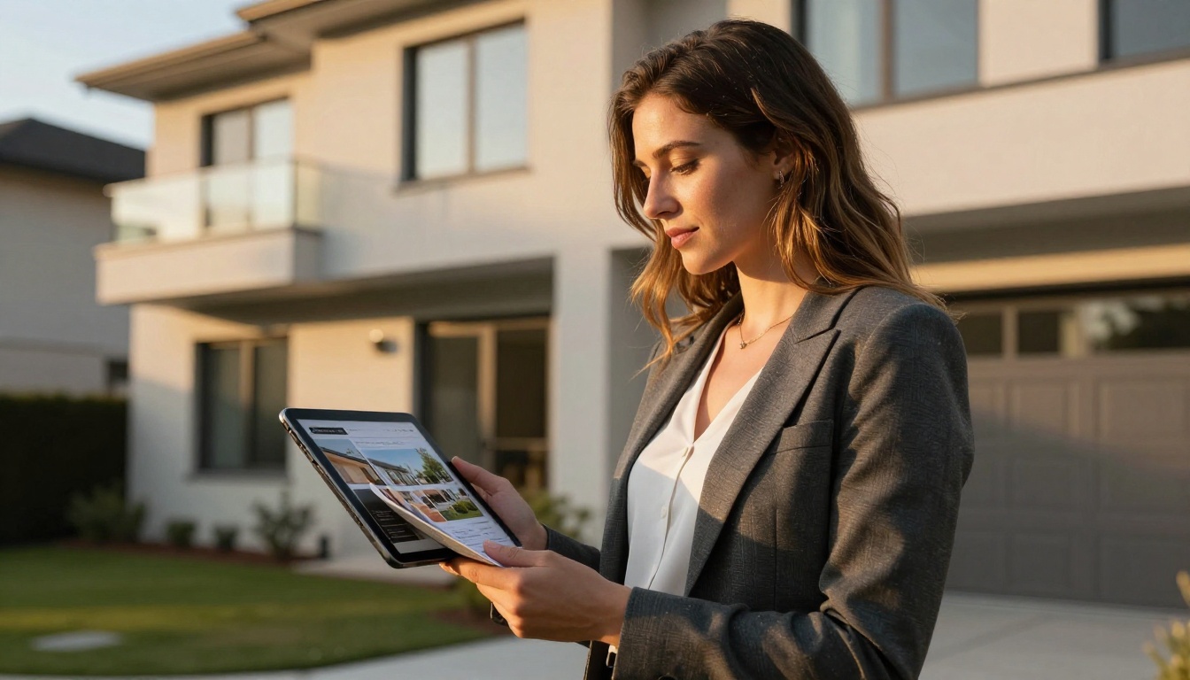 Professional real estate woman in smart blazer standing outside modern residential home holding tablet with property brochure flipbook in golden afternoon light