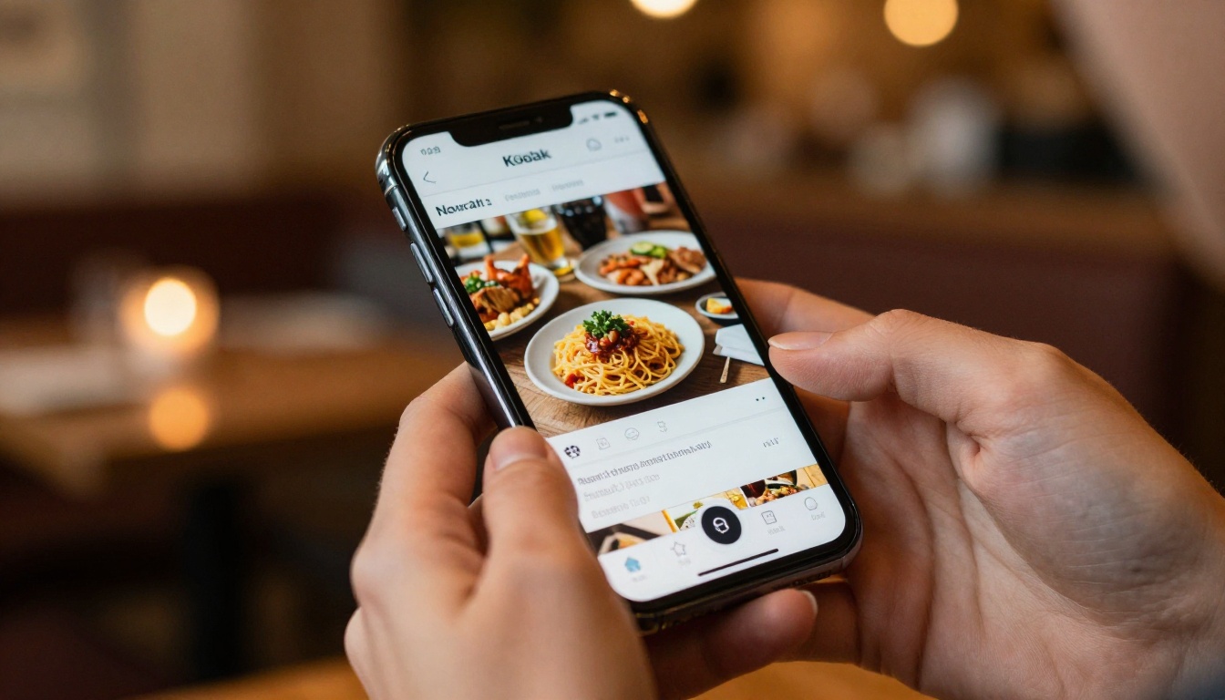 Woman's hands holding smartphone displaying mobile restaurant menu flipbook with warm amber restaurant bokeh background
