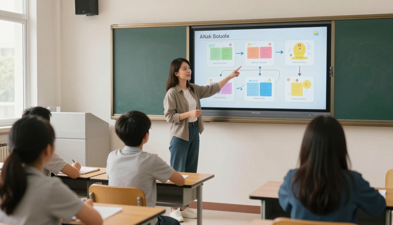Female teacher pointing at wall-mounted screen showing interactive educational flipbook, students at wooden desks with warm natural classroom light
