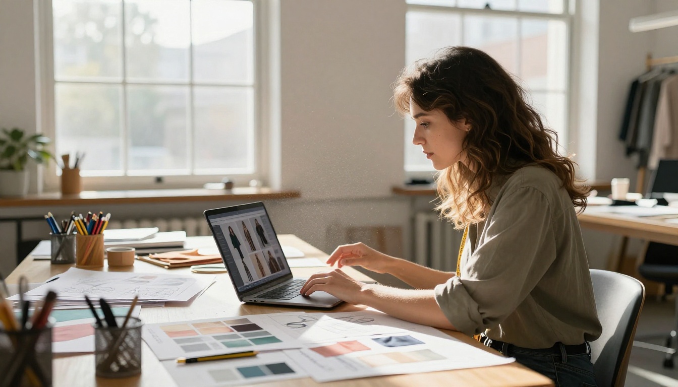 Fashion designer woman reviewing digital lookbook flipbook on laptop in bright creative studio with fabric swatches, industrial windows, and natural light
