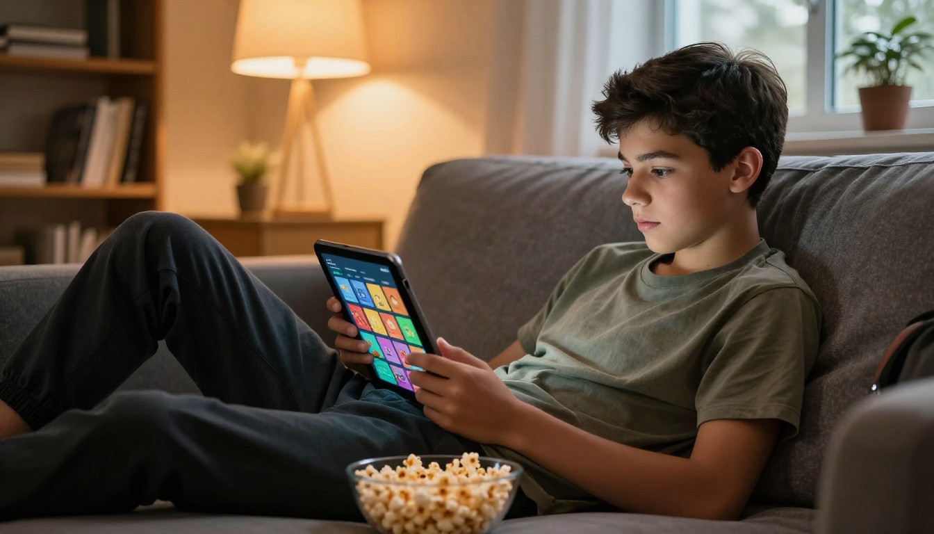 A teenage male student relaxed on a couch, happily scrolling through a colorful interactive flipbook on his tablet at home