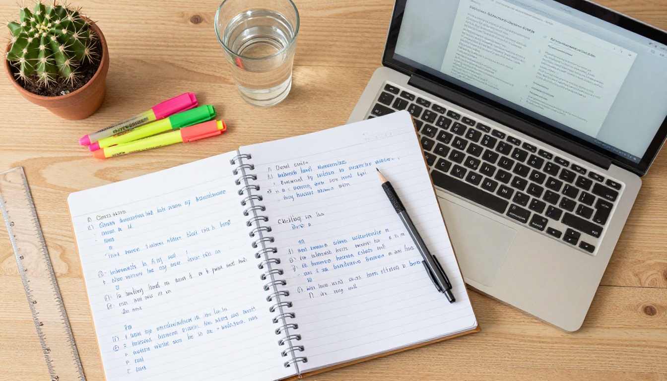 Overhead flat-lay view of a student desk with handwritten class notes beside a laptop showing a digital flipbook interface