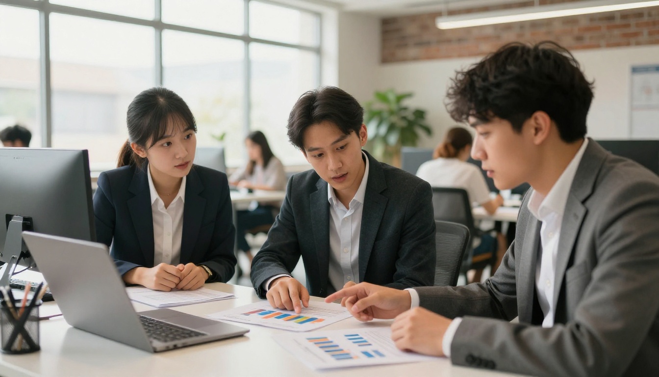A team of professionals collaborating over printed company report documents on a modern open-plan office desk