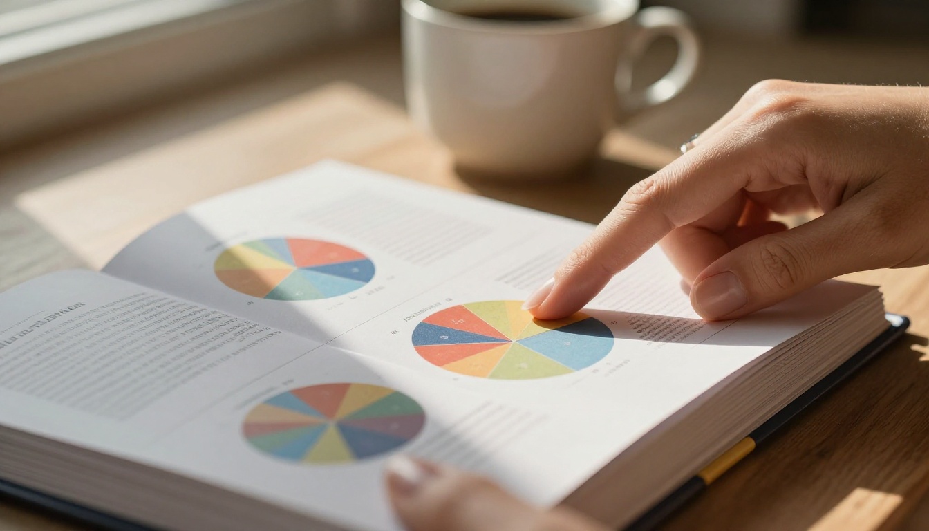 Close-up of hands flipping through pages of a high-quality printed annual report with colorful infographics