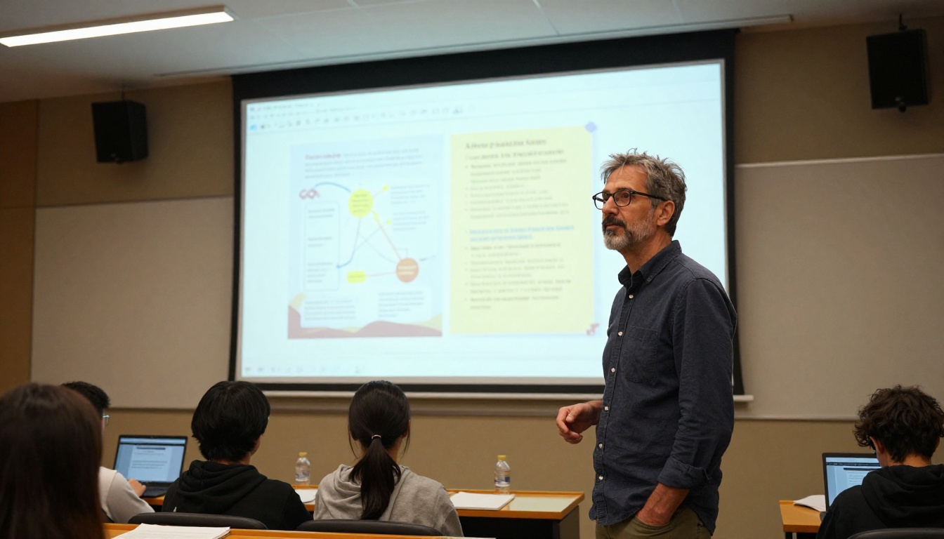 University professor presenting a digital flipbook on a large projector screen in a modern lecture hall