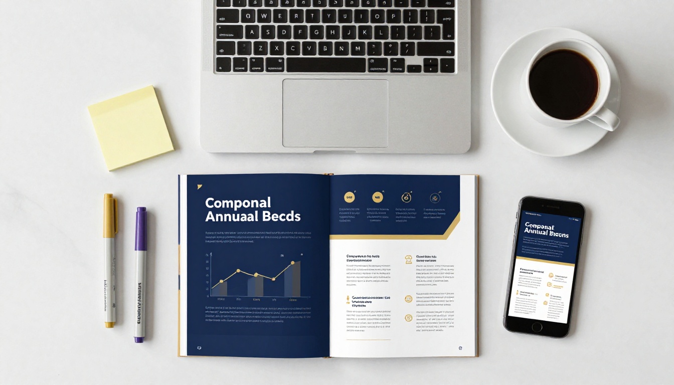 Aerial overhead flat lay of a corporate report workspace with laptop, coffee, markers, and smartphone