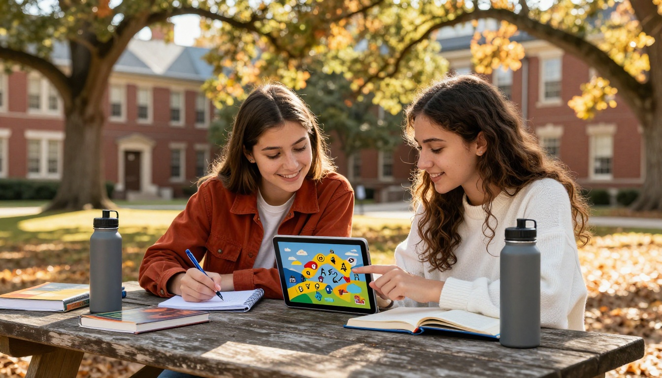 Two female college students studying outdoors on campus, sharing a tablet showing a colorful interactive flipbook