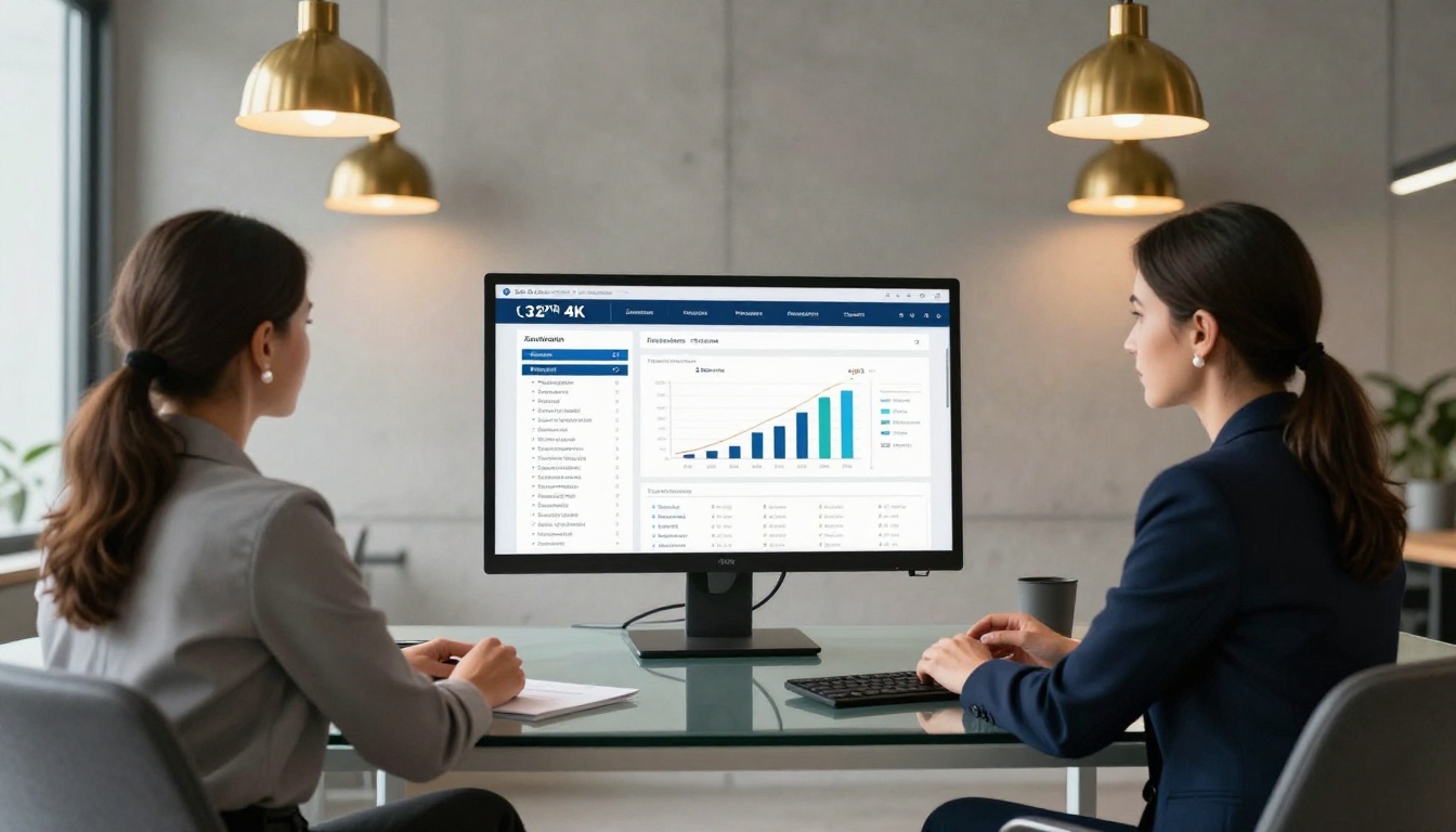 A businesswoman presenting a digital company report on a large 4K monitor to two colleagues in a modern office