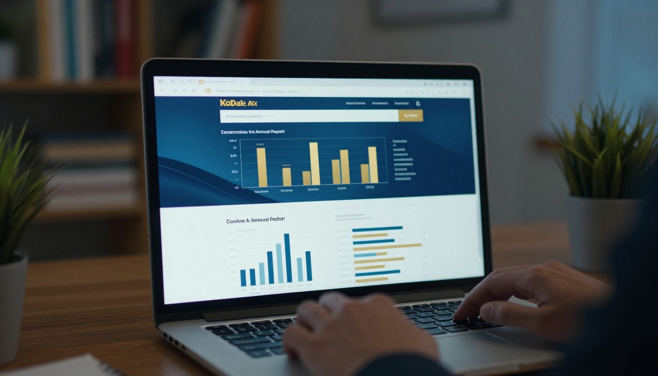Close-up of a laptop screen showing a corporate annual report with interactive charts and graphs in blue and gold