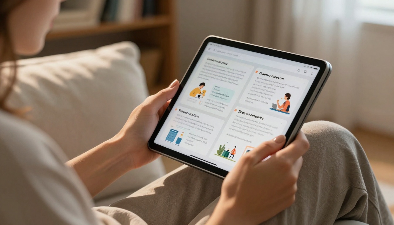 Close-up of a young woman's hands swiping through a digital flipbook on a tablet, showing organized chapter sections