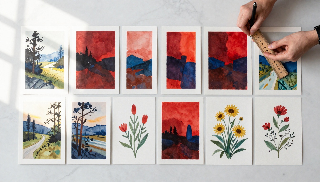 Fine art prints arranged in a grid flat-lay on marble surface