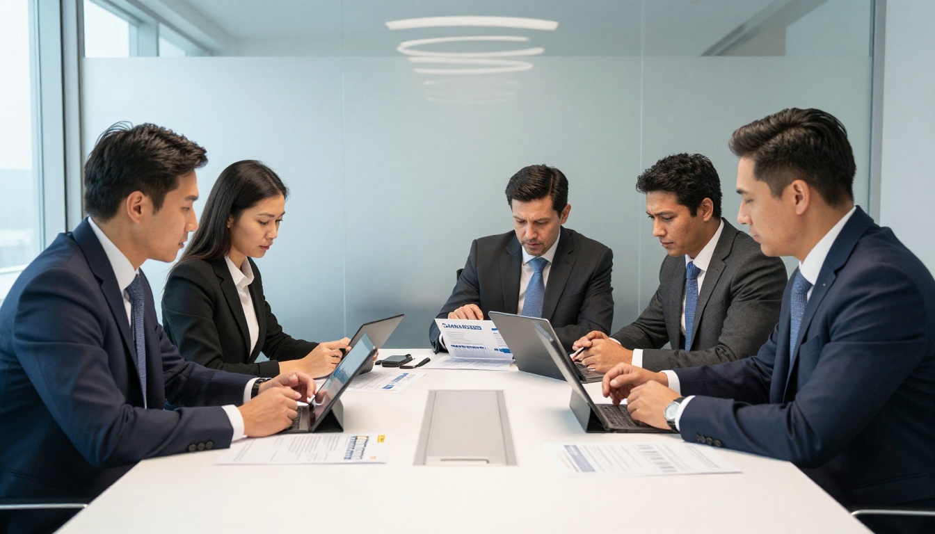 Four diverse executives reviewing company reports on tablets and printed copies at an oval conference table