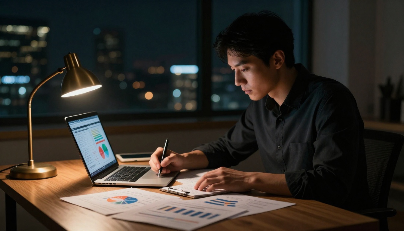 A focused professional working late at a desk with a glowing laptop and data printouts in cinematic warm lighting