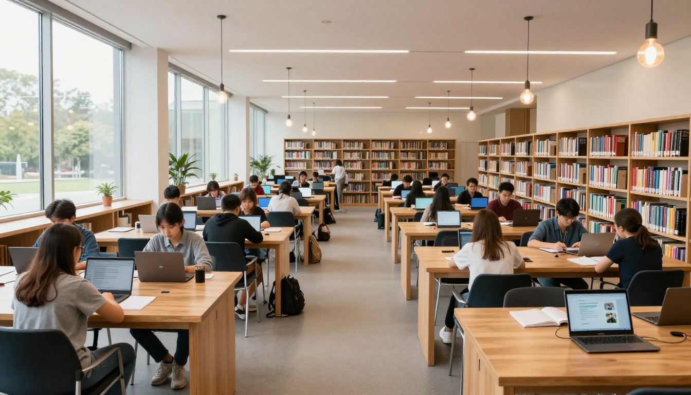 Modern school library interior with students studying quietly on laptops and tablets in a bright, well-lit space
