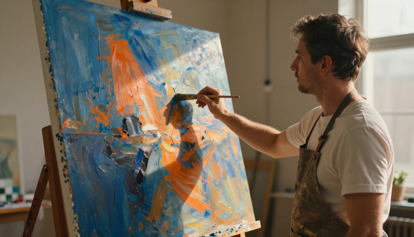 Male oil painter adding final brush strokes to large canvas at easel