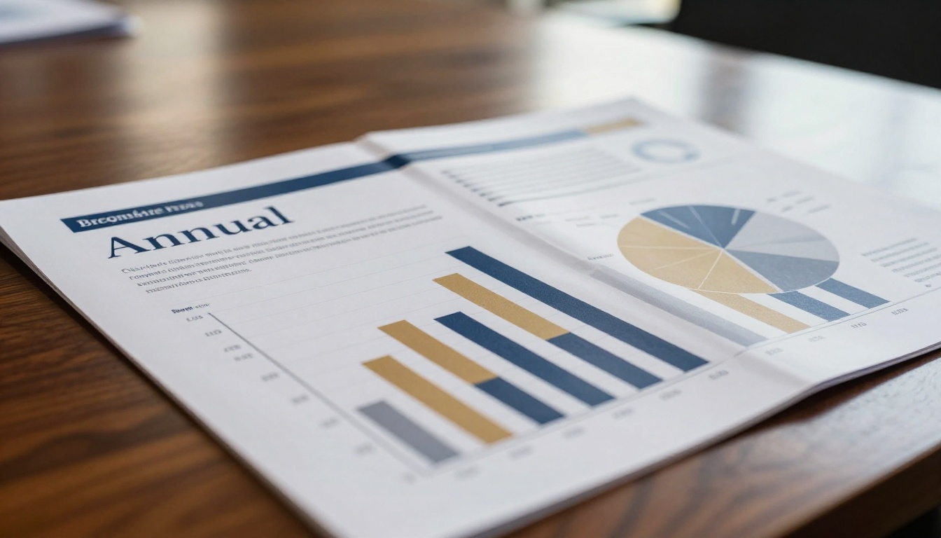 Close-up detail of a printed company annual report page showing beautifully designed infographics and charts in navy and gold