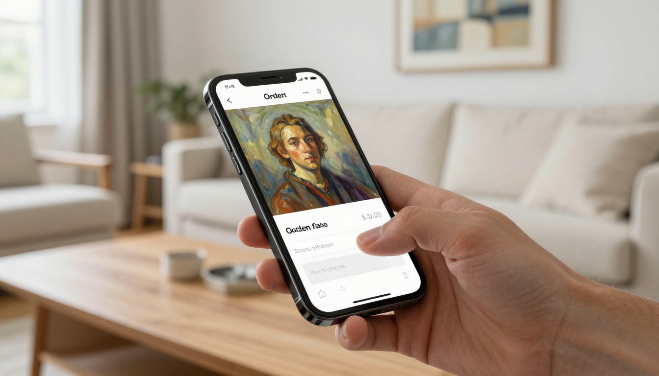 Person viewing art purchase confirmation on smartphone