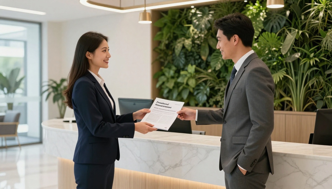 A corporate receptionist handing a printed annual report to a business visitor in a modern lobby with a living plant wall