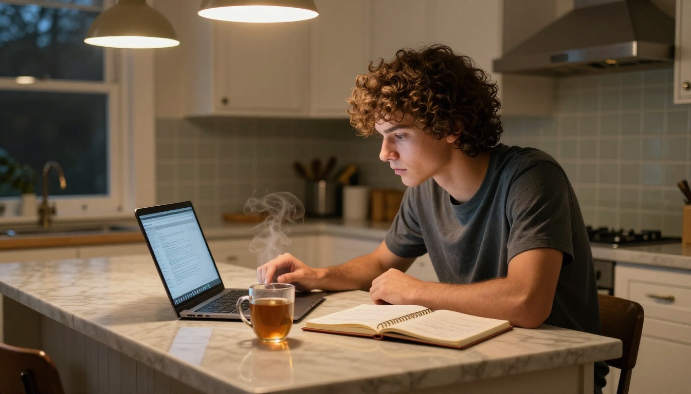 Young male student studying late at a kitchen counter, reviewing a digital flipbook on his laptop by warm evening light