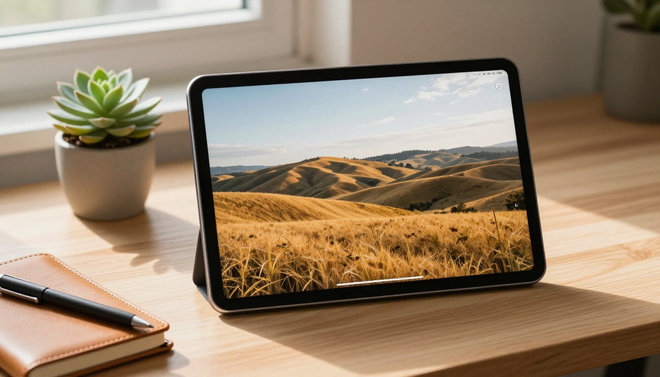 Digital portfolio flipbook displayed on tablet on light oak desk