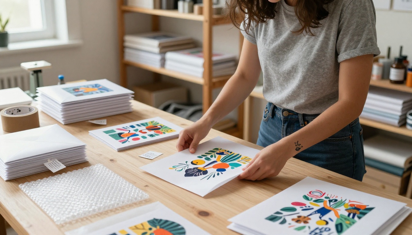 Young illustrator carefully packing art prints in tissue paper for shipping