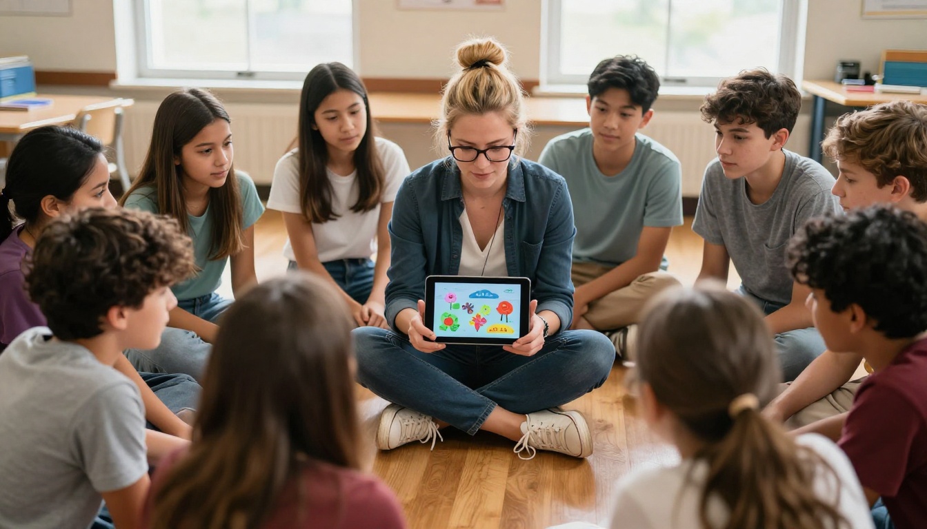 Female teacher sitting on classroom floor sharing a tablet flipbook with her students gathered in a circle around her