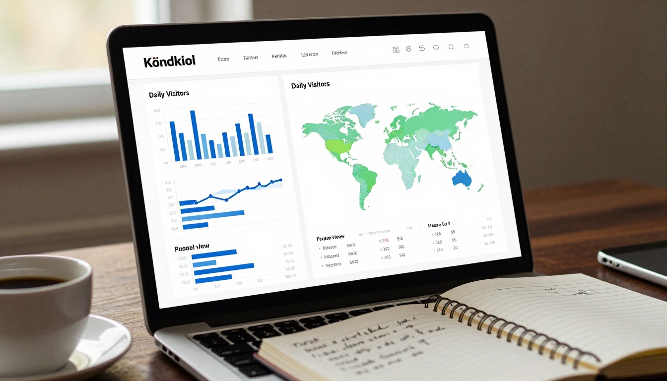 Analytics dashboard on laptop showing flipbook portfolio page views and visitor data