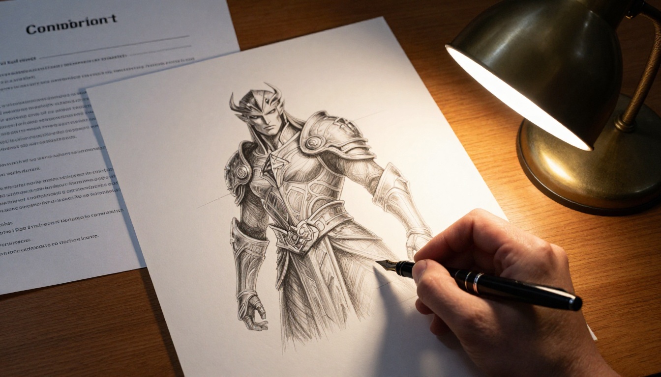 Artist commission sketch next to signed contract on wooden desk