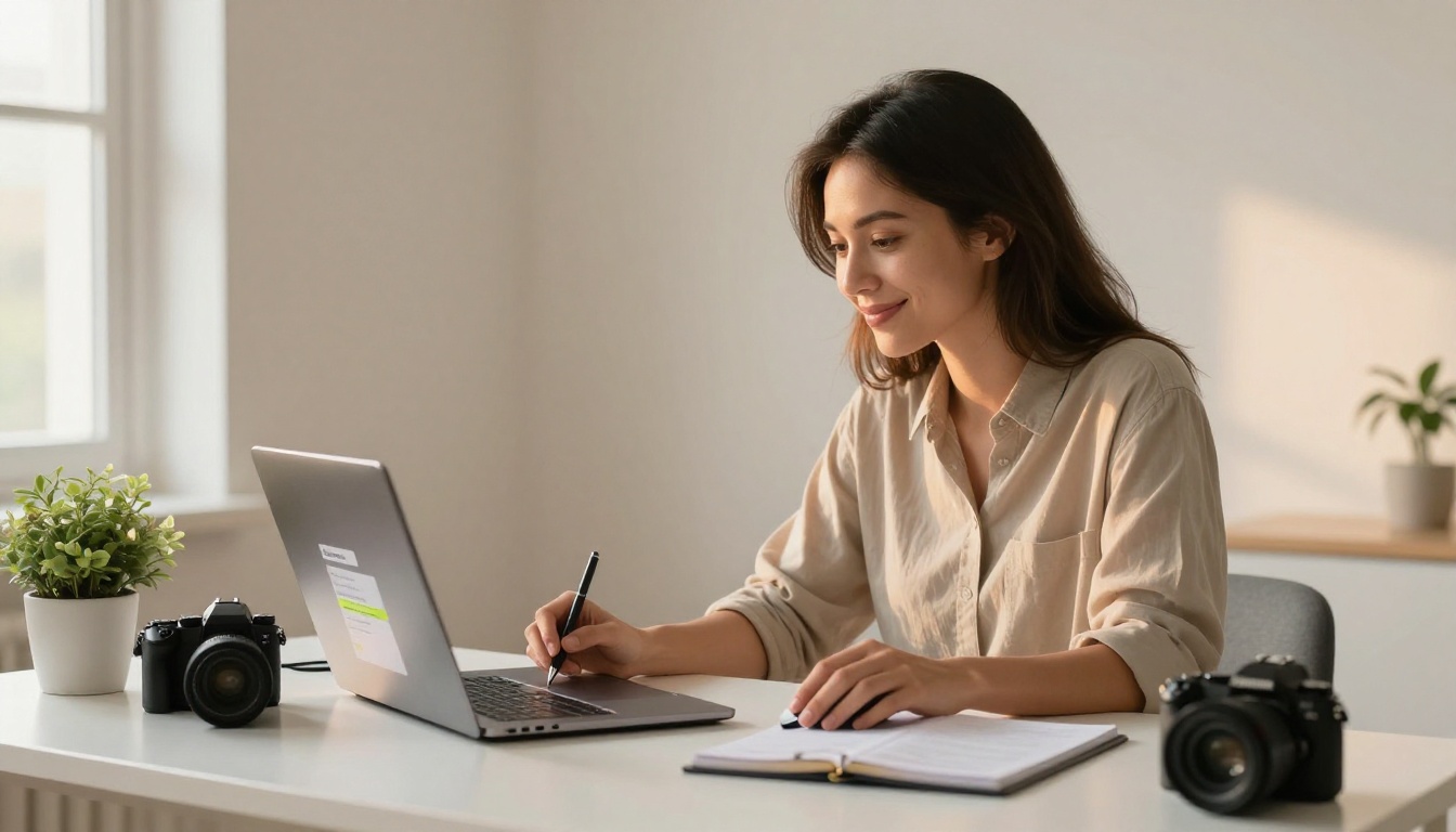 Female photographer at home office desk sharing flipbook link from laptop screen
