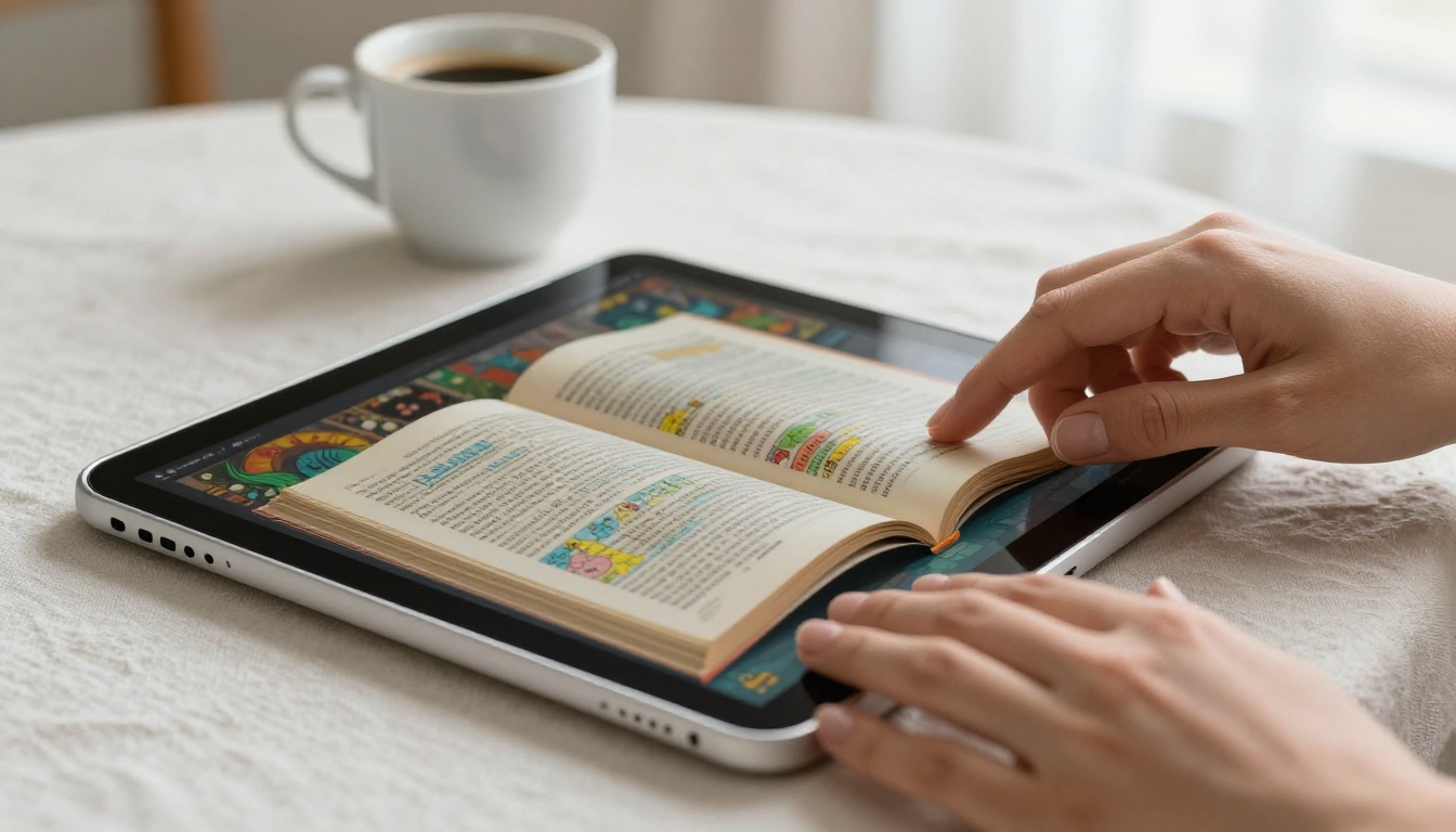 Hands gently touching iPad screen displaying vivid digital flipbook with colorful pages in mid-curl animation