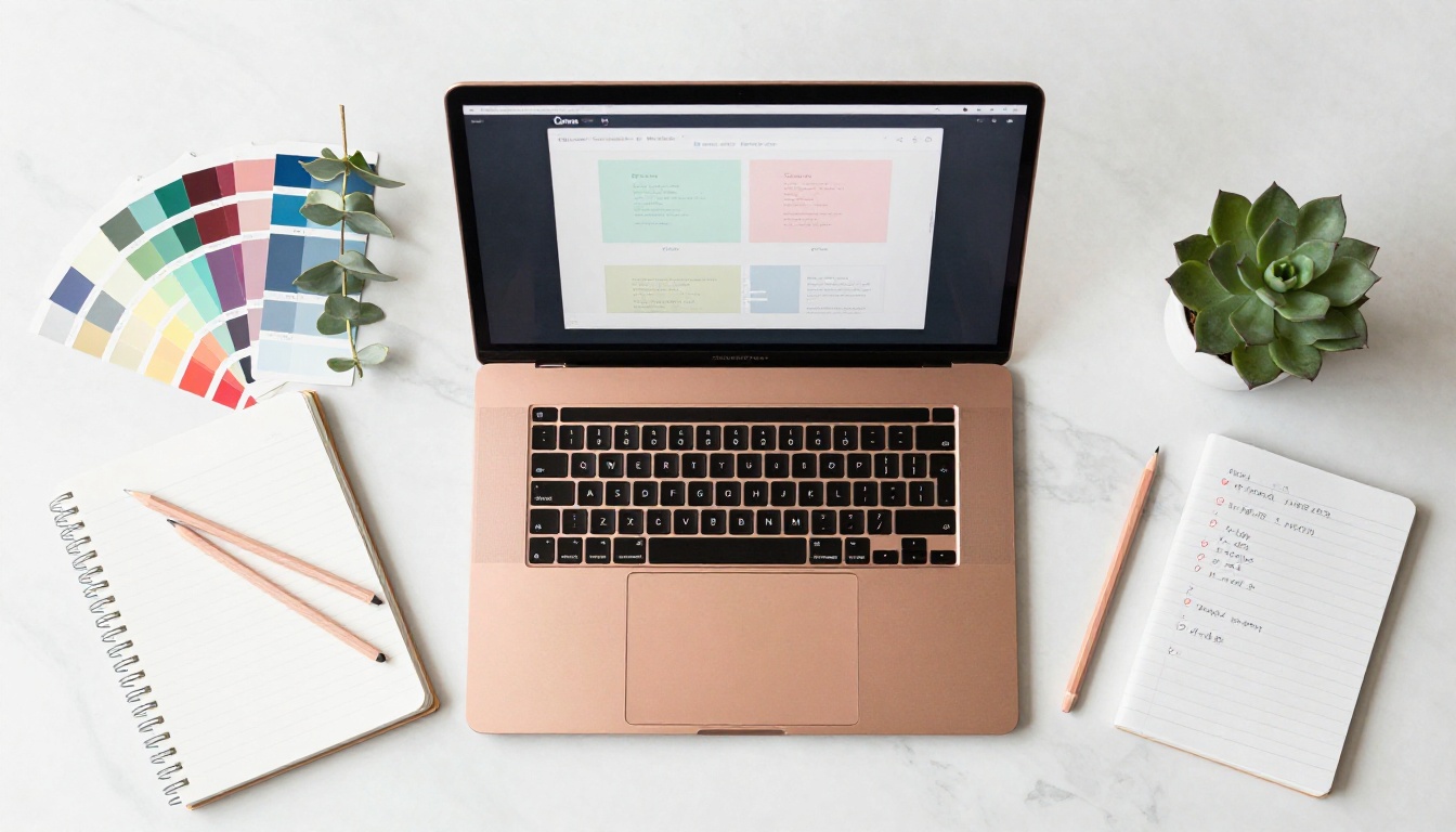 Aerial flat-lay of designer workspace with Canva template open on rose gold MacBook surrounded by color swatches and design materials on white marble