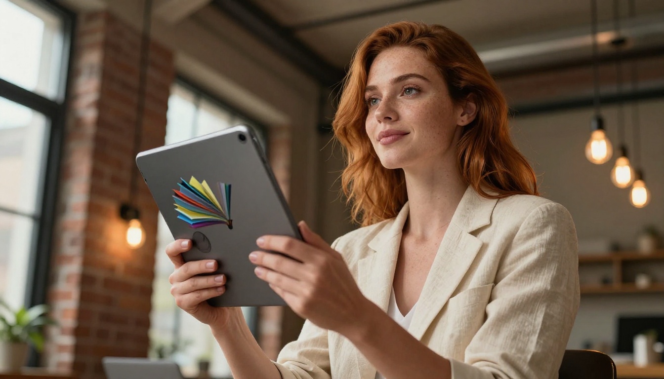 Woman with auburn hair and cream blazer holding tablet displaying interactive flipbook with animated pages mid-turn, warm studio light from above-left