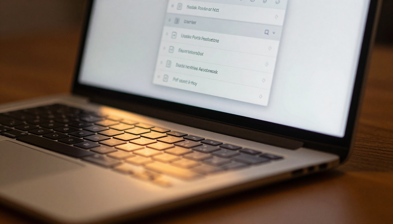 Laptop screen showing PDF export dialog with file format selection options, warm amber lamp light reflecting off aluminum keyboard on walnut desk