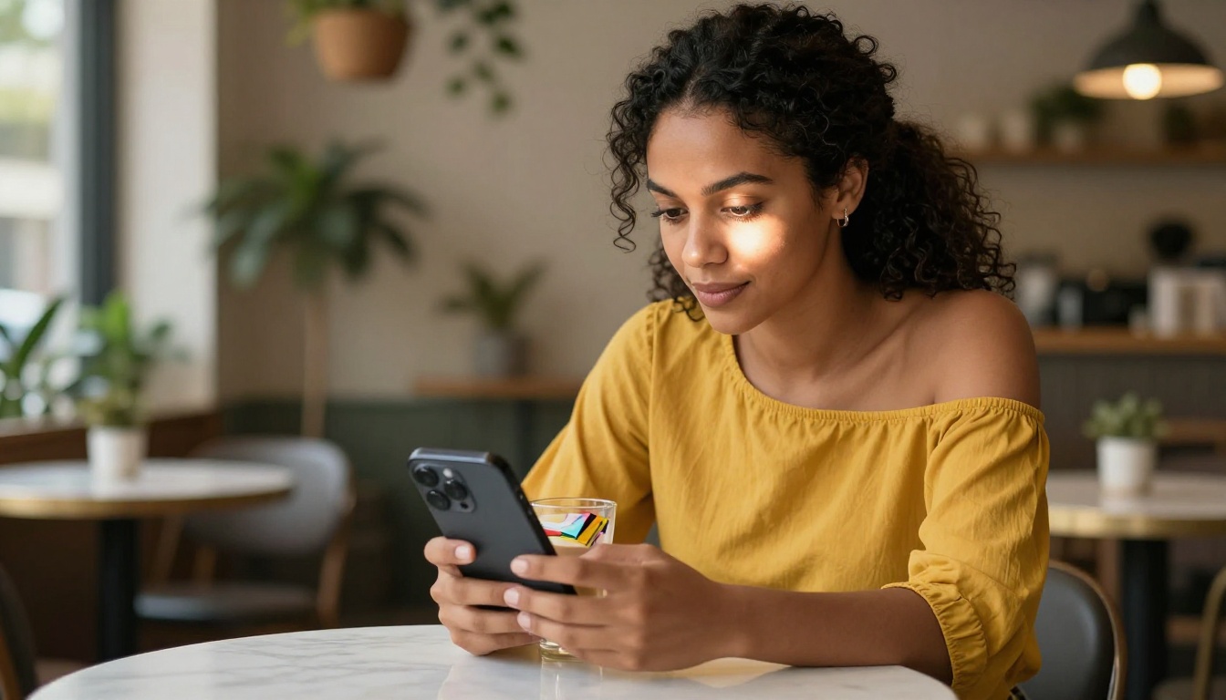 Stylish woman with natural curly hair at white marble cafe table reading digital flipbook on smartphone beside oat milk latte glass